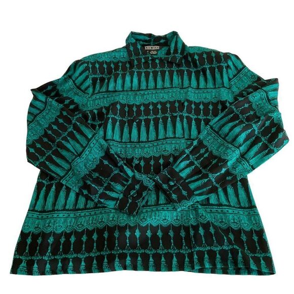 Ann May Blouse Silk Button Down Black Green Tassel Print Long Sleeve Medium - Picture 5 of 11